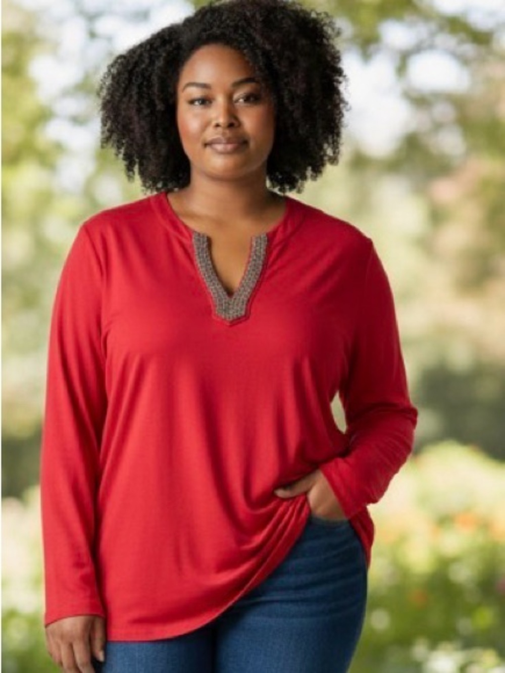 Chico's Red Beaded V-Neck Pima Cotton Tunic Top Size 3 XL Casual Roomy Stretch